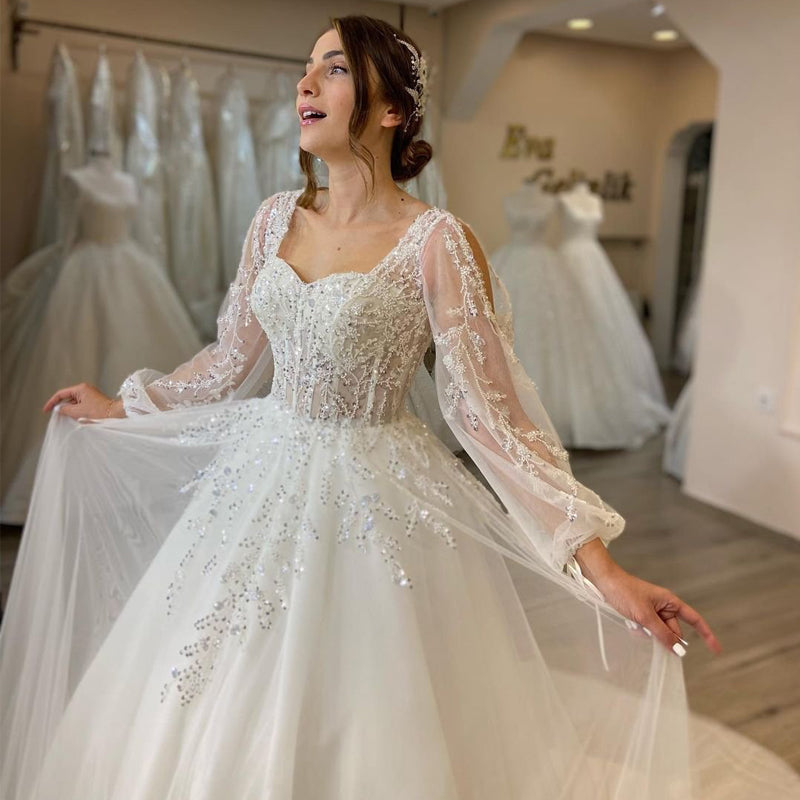 Eightree White Wedding Dresses Sweetheart Appliques Bridal Dress 2022 Puff Slee image 2