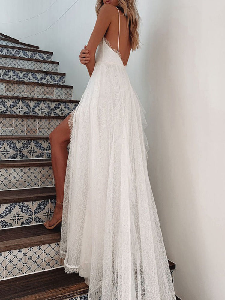 Freeacy 2024 New Women's V-neck Sexy Halter Dress White Split-side Mesh Wedding image 3