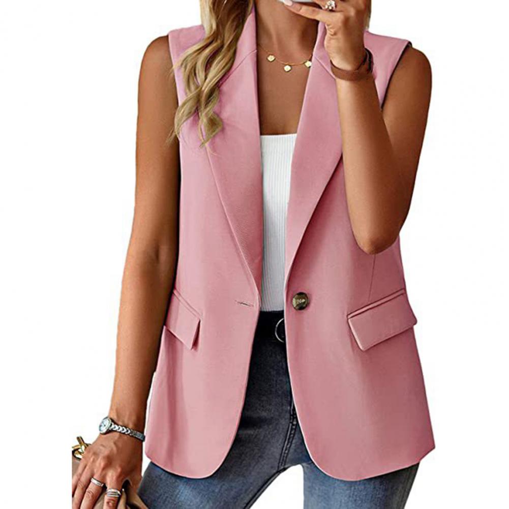 Lady Solid Color Coat Stylish Women's Sleeveless Lapel Single Button Mid Length image 9