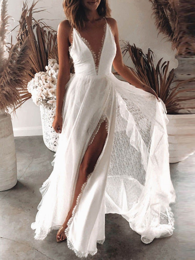 Freeacy 2024 New Women's V-neck Sexy Halter Dress White Split-side Mesh Wedding image 1