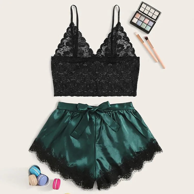 Women Cute Lace Pajamas Set Silk Satin Sleepwear Summer V-neck Sleeveless Pijam image 7