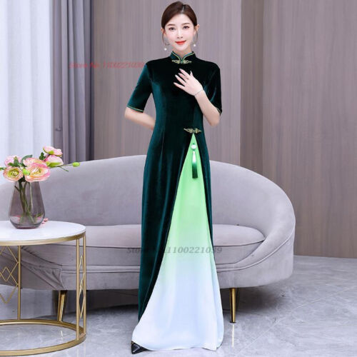 2024 aodai traditional vietnam velvet cheongsam dress gradient color v
