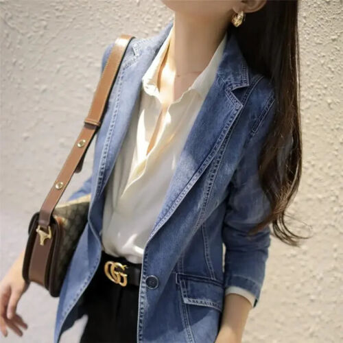 Vintage Suit Women Jeans Jacket Casual Tops Loose Short Denim Blazer O