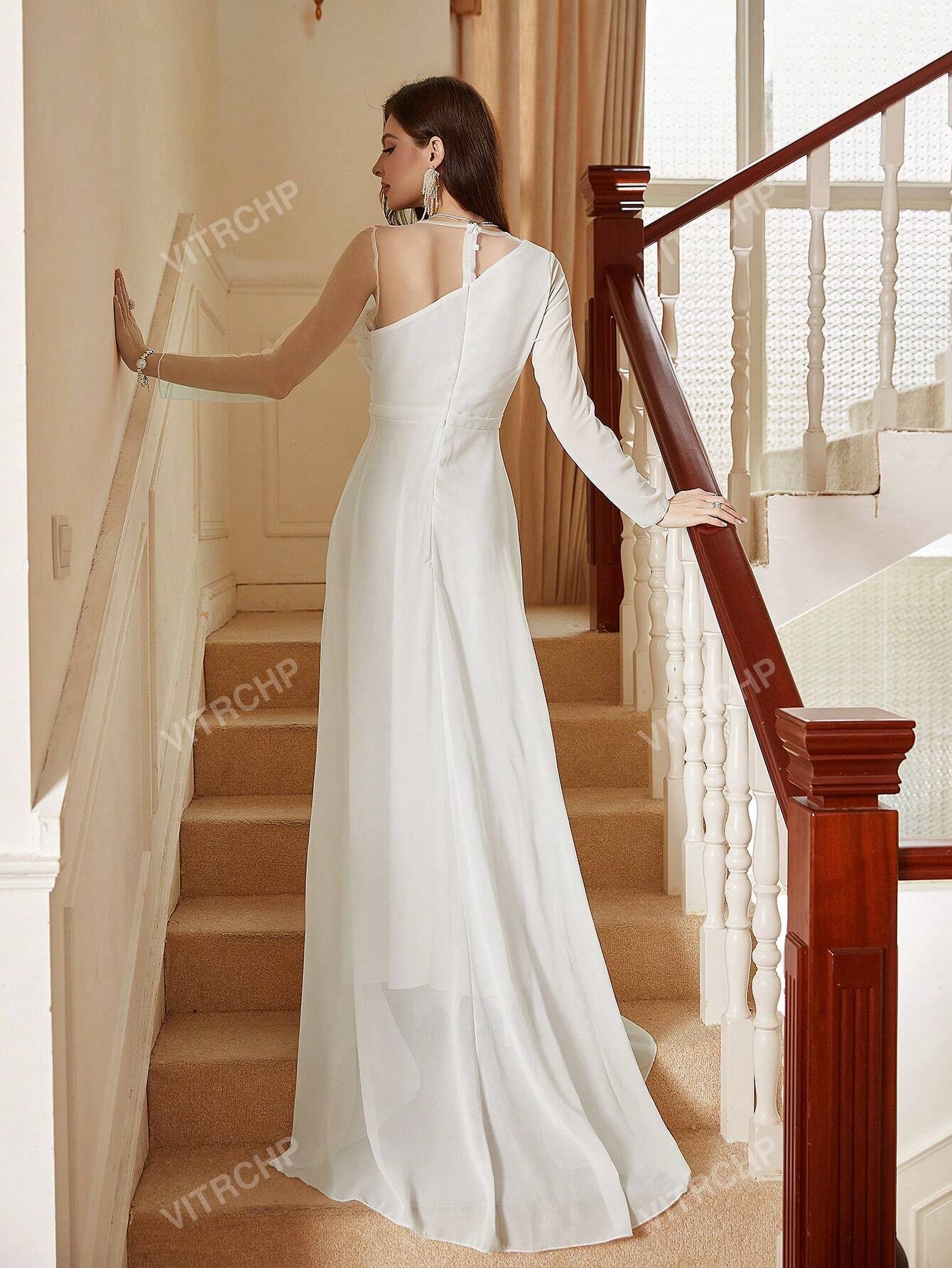 Contrast Mesh Split Thigh Wedding Dress
