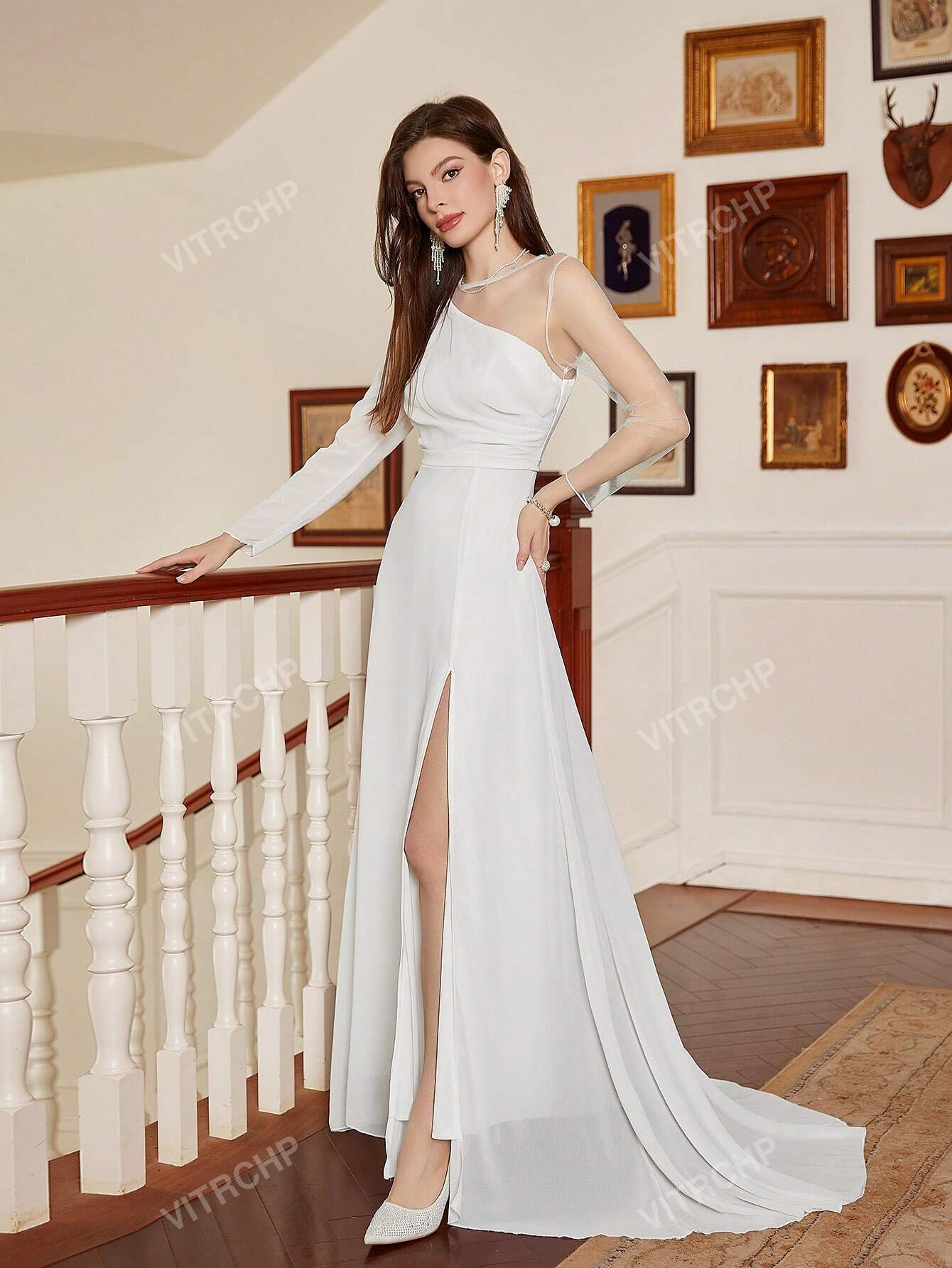 Contrast Mesh Split Thigh Wedding Dress