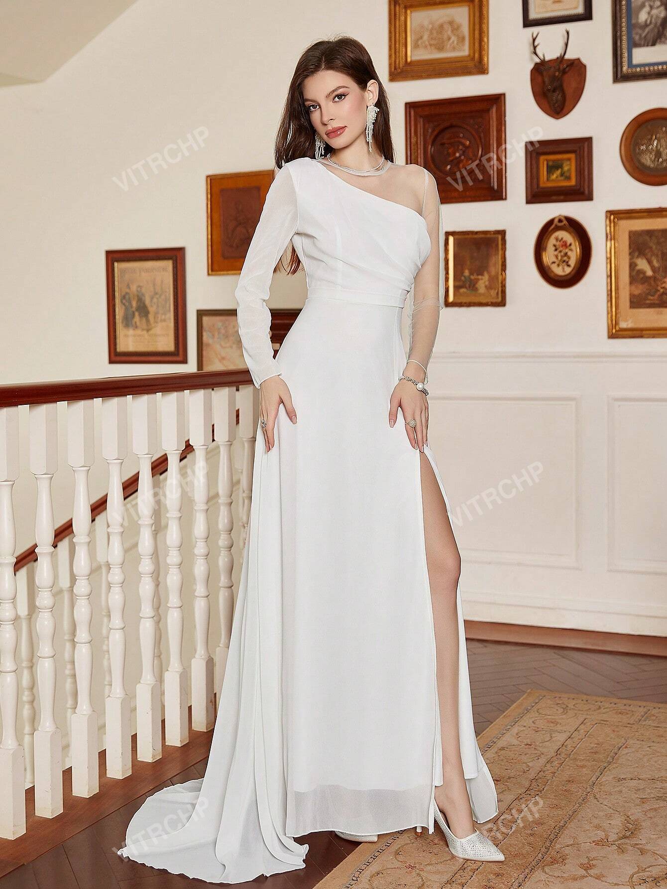 Contrast Mesh Split Thigh Wedding Dress