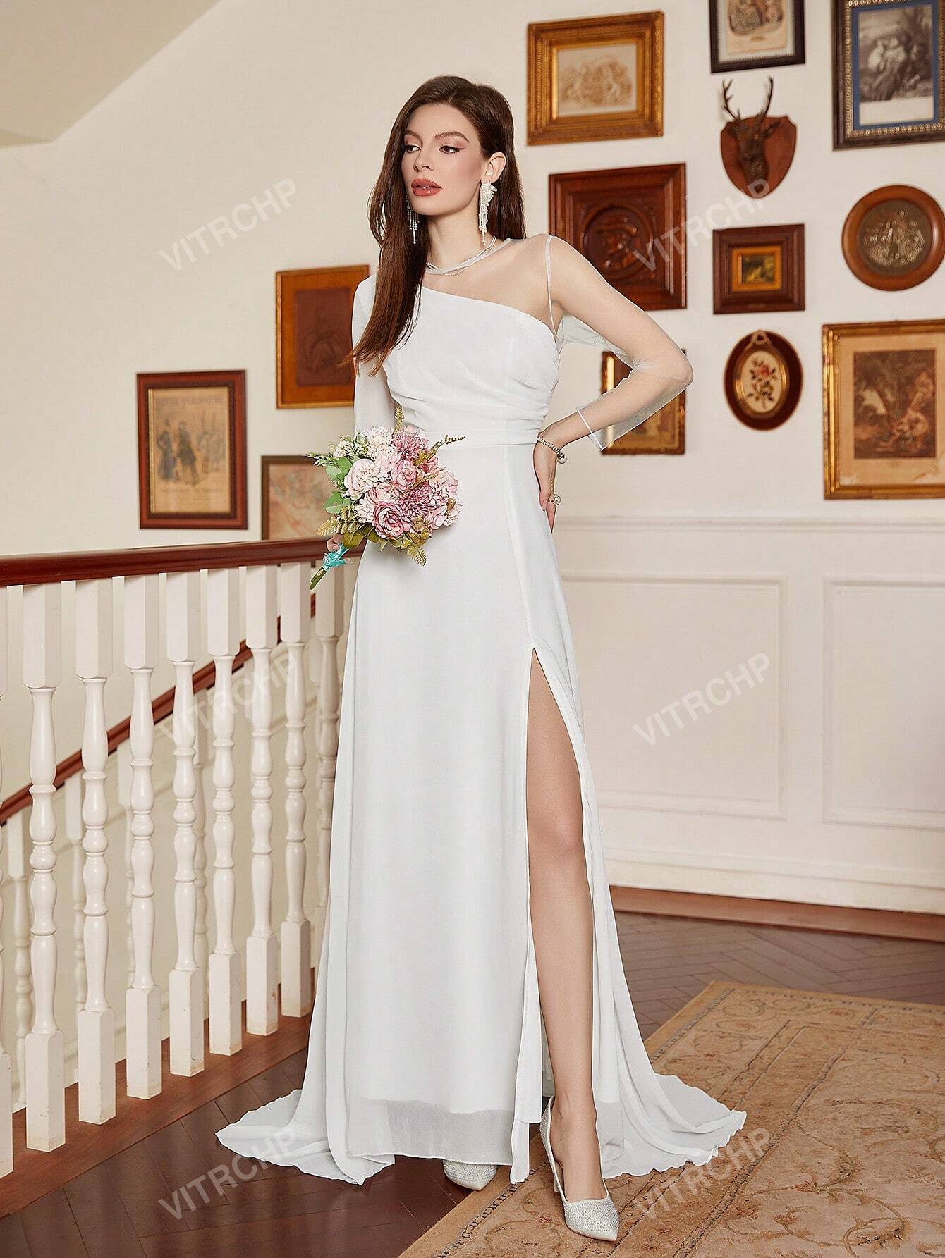 Contrast Mesh Split Thigh Wedding Dress
