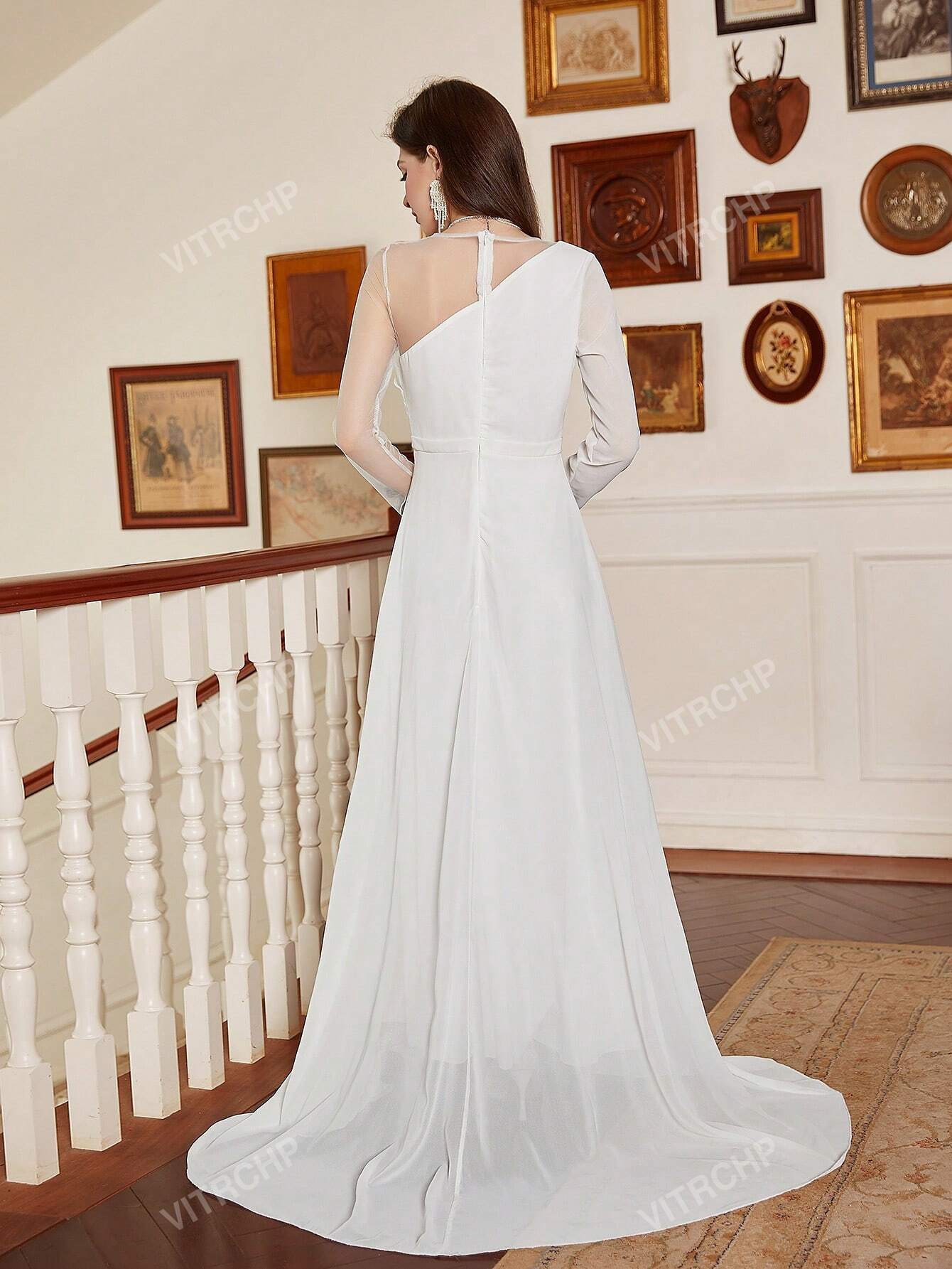 Contrast Mesh Split Thigh Wedding Dress