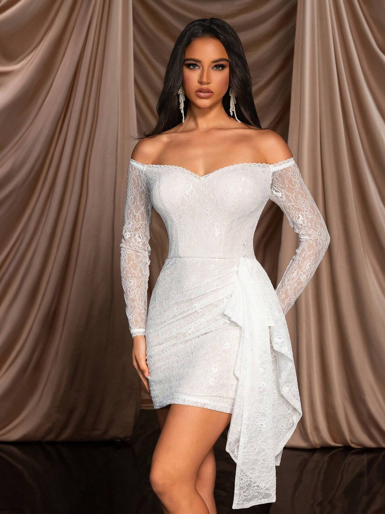 SHEIN Belle Elegant And Gorgeous White Ruffle Lace Wedding Dress With Sheer Floral Pattern, Long Sleeves, Stretchy Lace, Ruched Side, And Ruffled Hemline