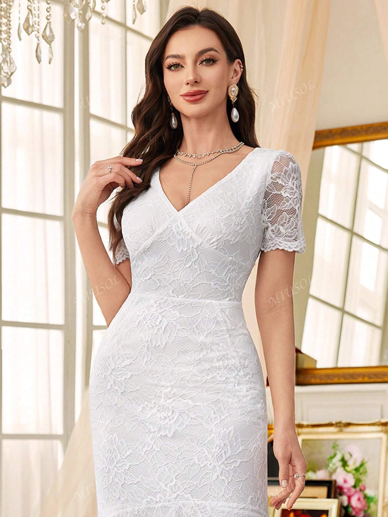MIUSOL Full Floral Lace V-Neck Mermaid Hem Wedding Dress, White Dress, Elegant Women Dress, Formal Evening Gown