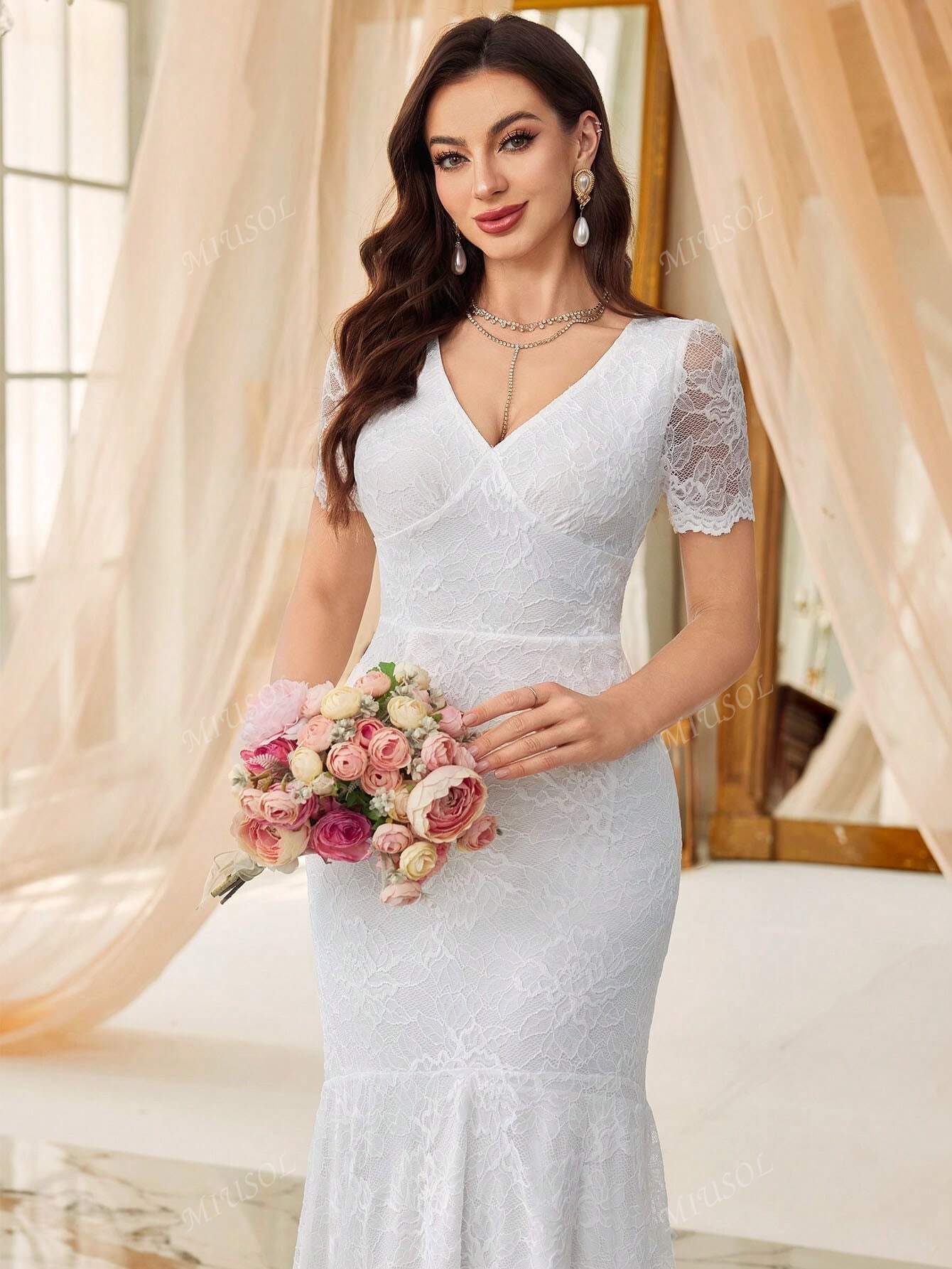 MIUSOL Full Floral Lace V-Neck Mermaid Hem Wedding Dress, White Dress, Elegant Women Dress, Formal Evening Gown