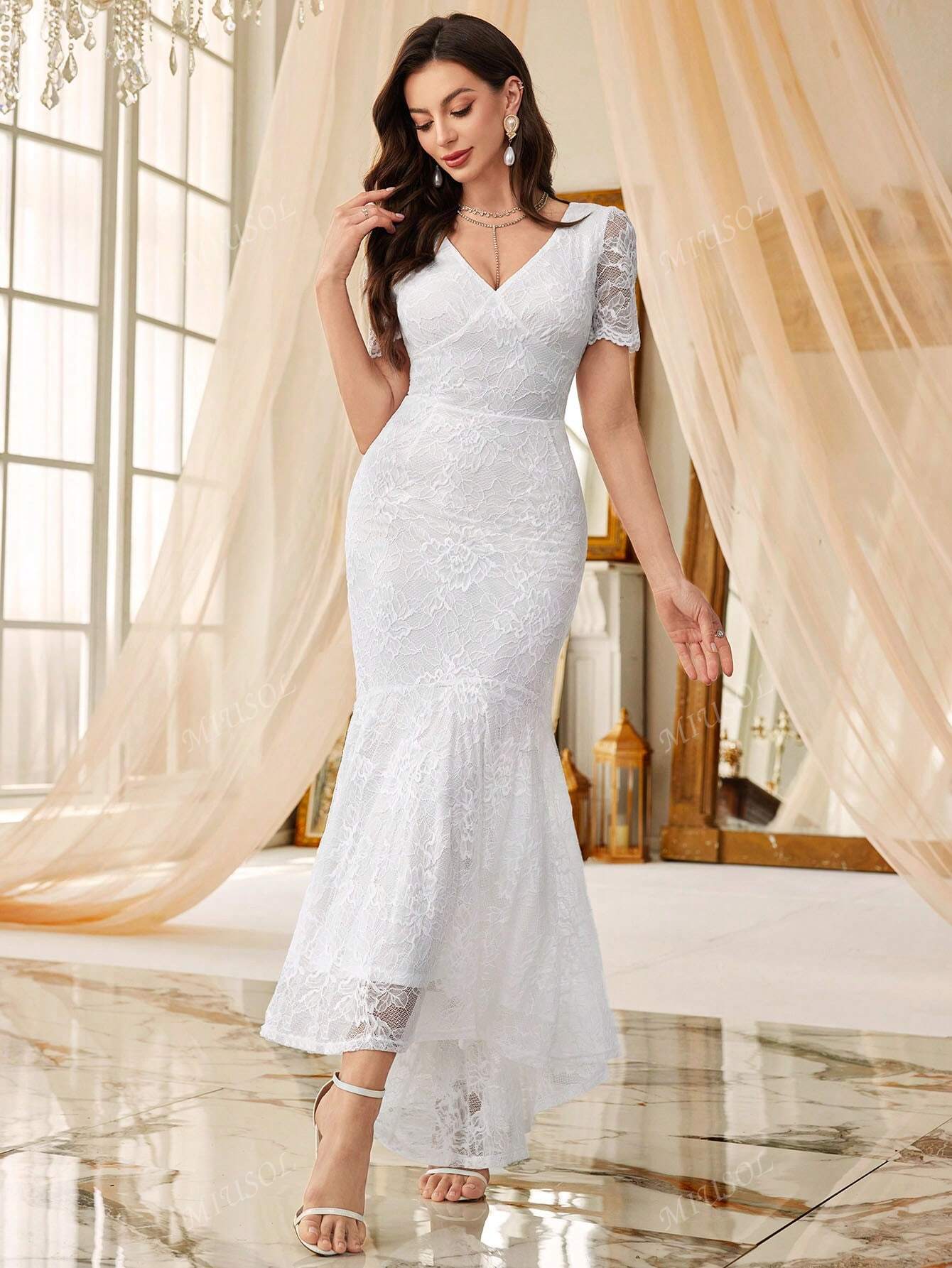 MIUSOL Full Floral Lace V-Neck Mermaid Hem Wedding Dress, White Dress, Elegant Women Dress, Formal Evening Gown