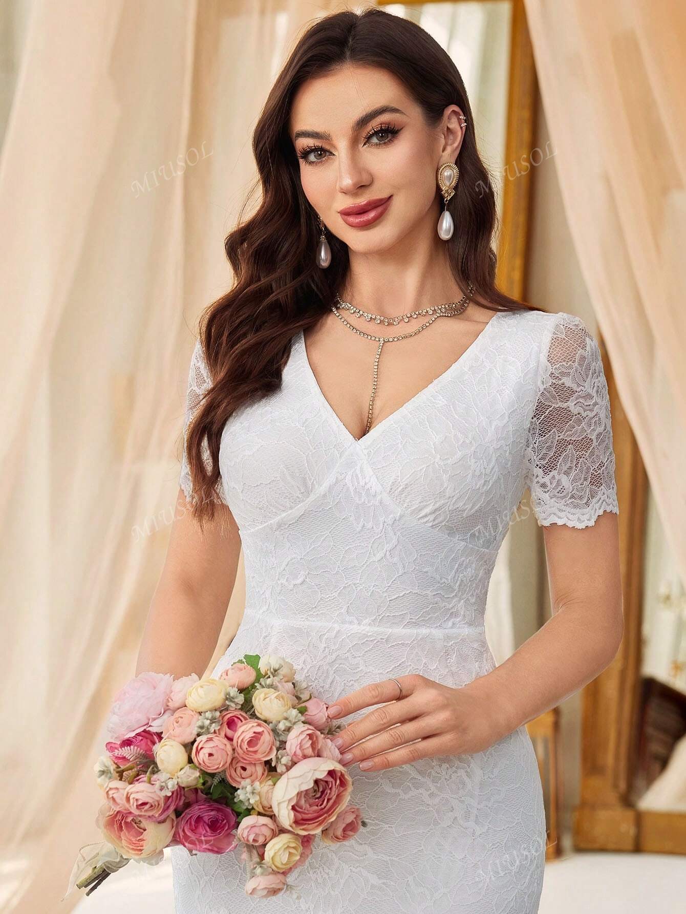 MIUSOL Full Floral Lace V-Neck Mermaid Hem Wedding Dress, White Dress, Elegant Women Dress, Formal Evening Gown