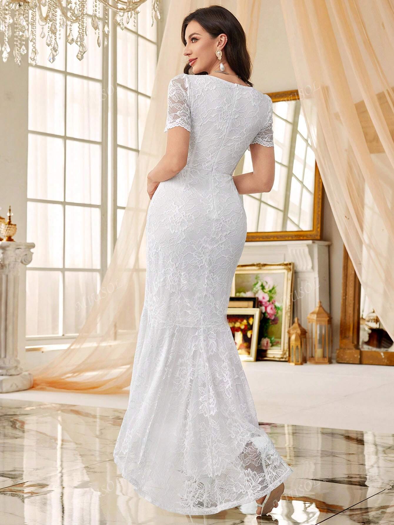 MIUSOL Full Floral Lace V-Neck Mermaid Hem Wedding Dress, White Dress, Elegant Women Dress, Formal Evening Gown