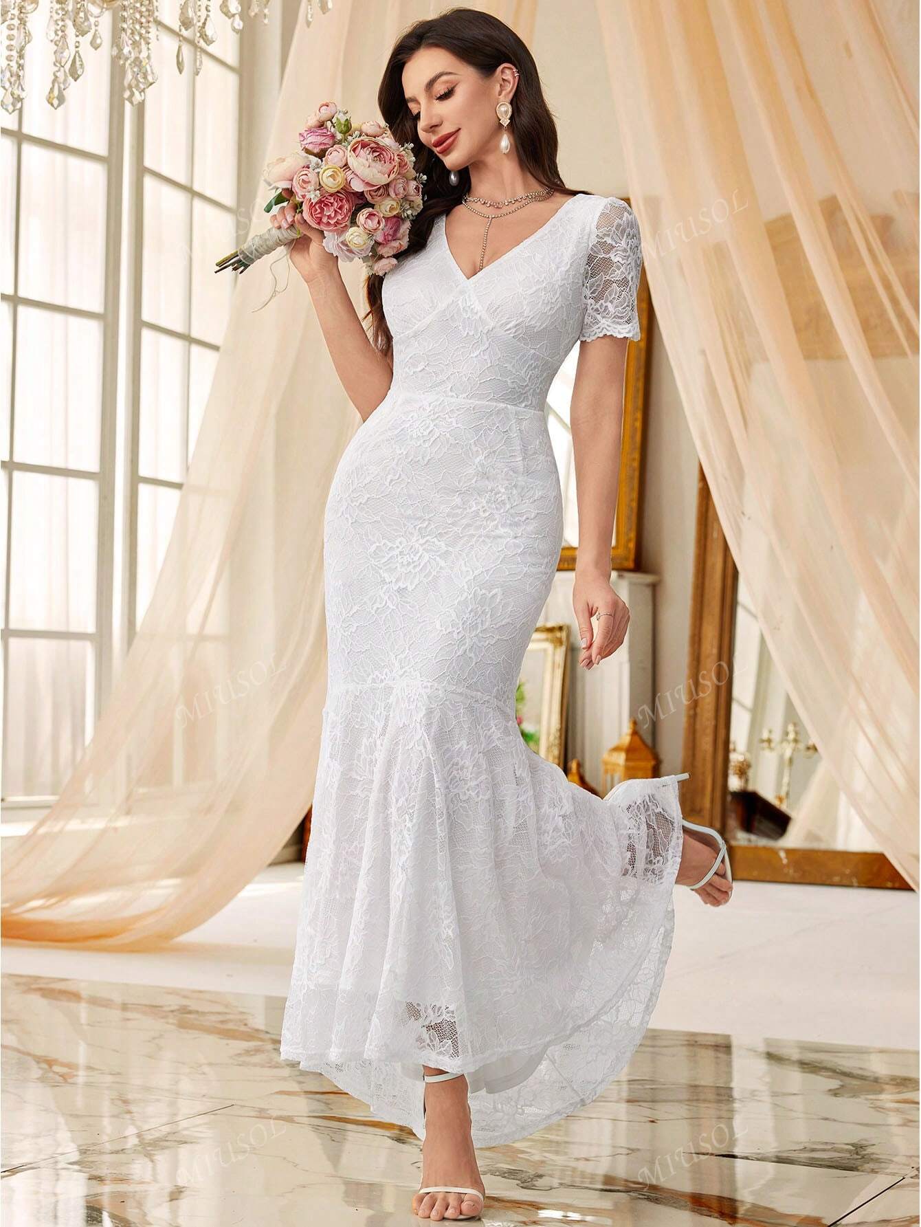 MIUSOL Full Floral Lace V-Neck Mermaid Hem Wedding Dress, White Dress, Elegant Women Dress, Formal Evening Gown