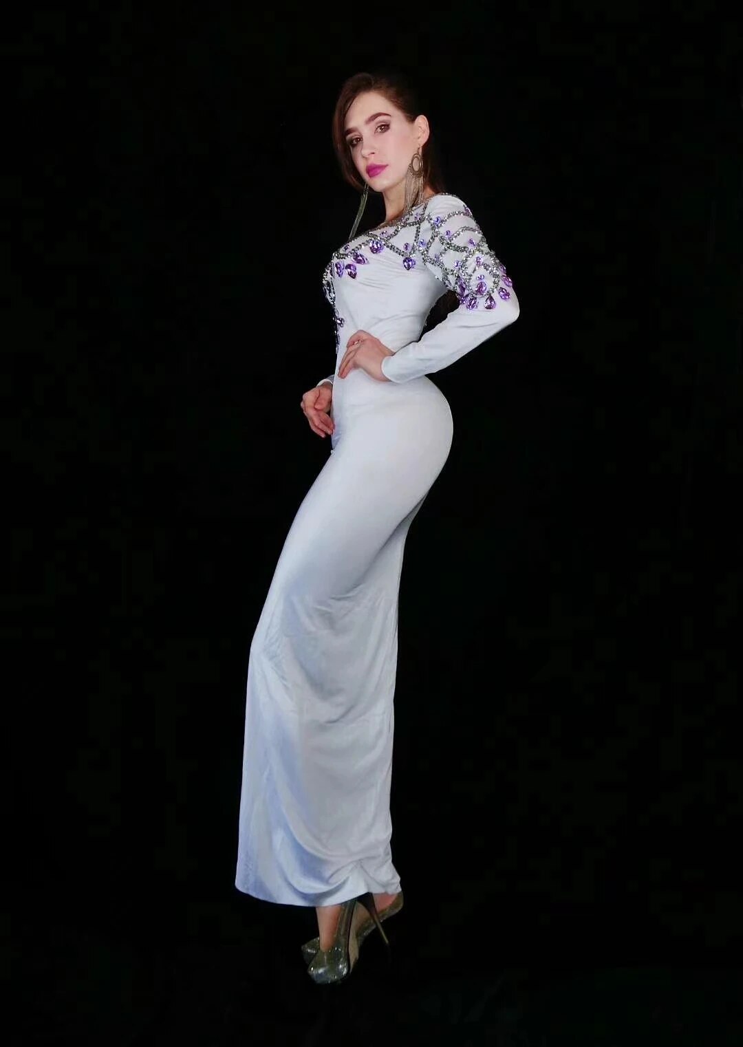 Elegant Long Sleeves White Rhinestone Bridesmaid Wedding Party Long Dress Ladie image 4