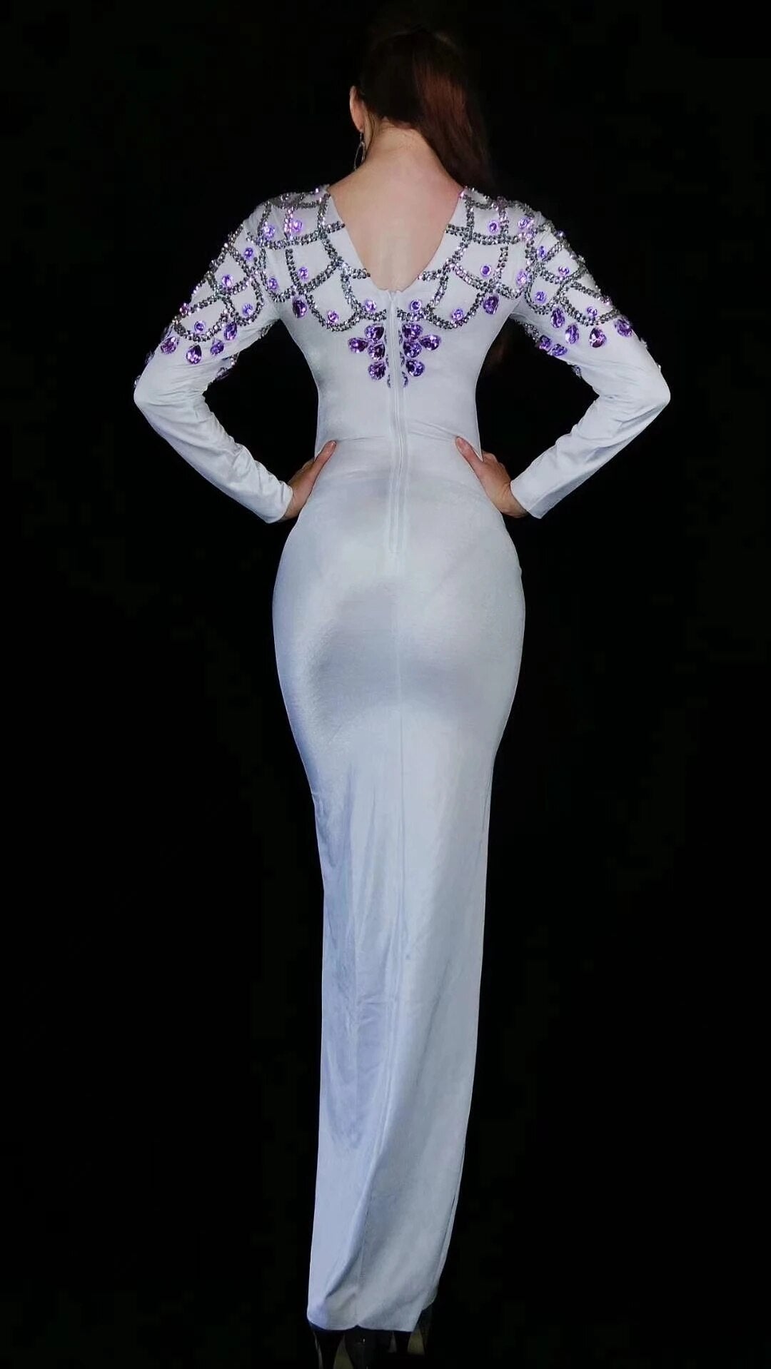 Elegant Long Sleeves White Rhinestone Bridesmaid Wedding Party Long Dress Ladie image 3
