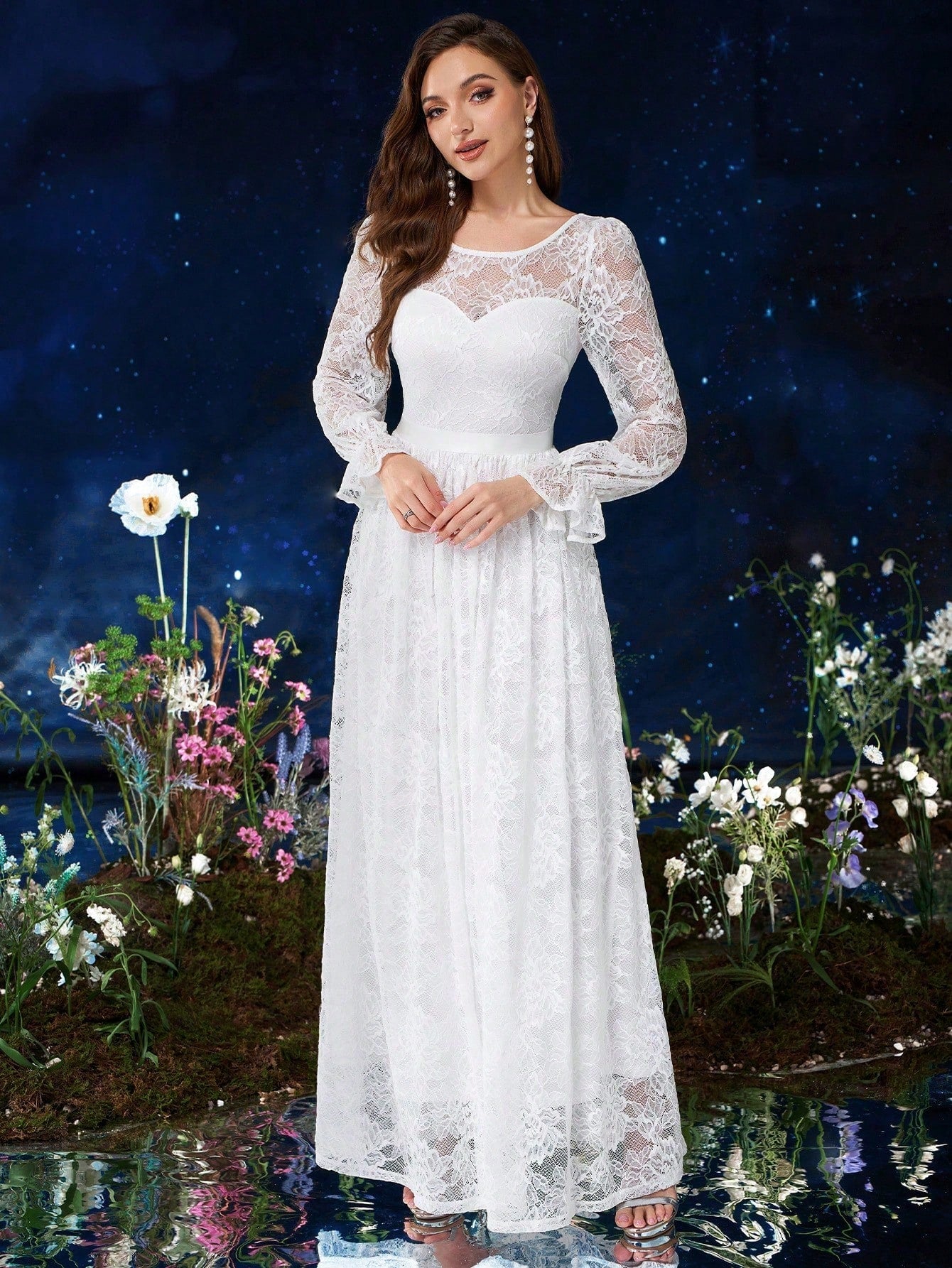 MIUSOL Full Floral Lace White Wedding Formal Maxi Dress image 5