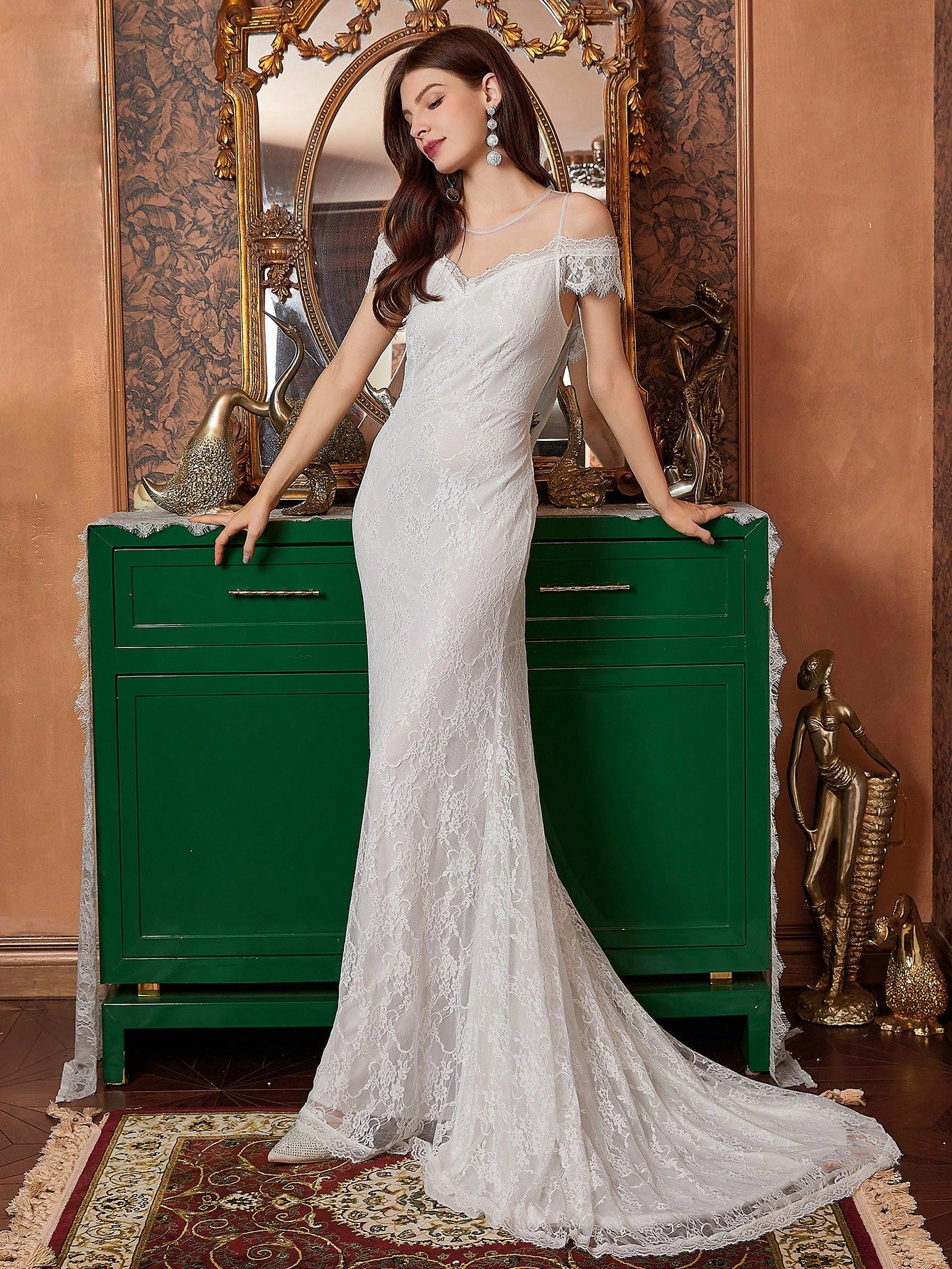 White Mesh Yoke & Lace Mermaid Wedding Dress image 7