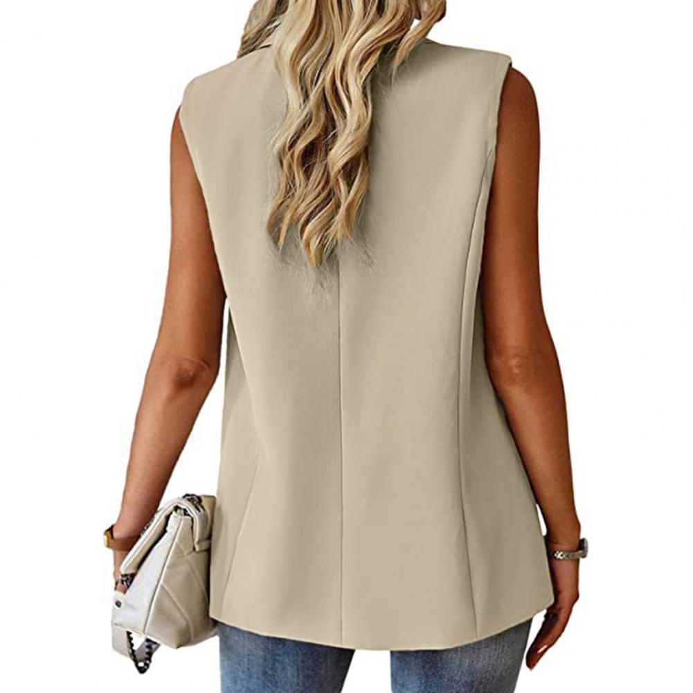 Lady Solid Color Coat Stylish Women's Sleeveless Lapel Single Button Mid Length image 10