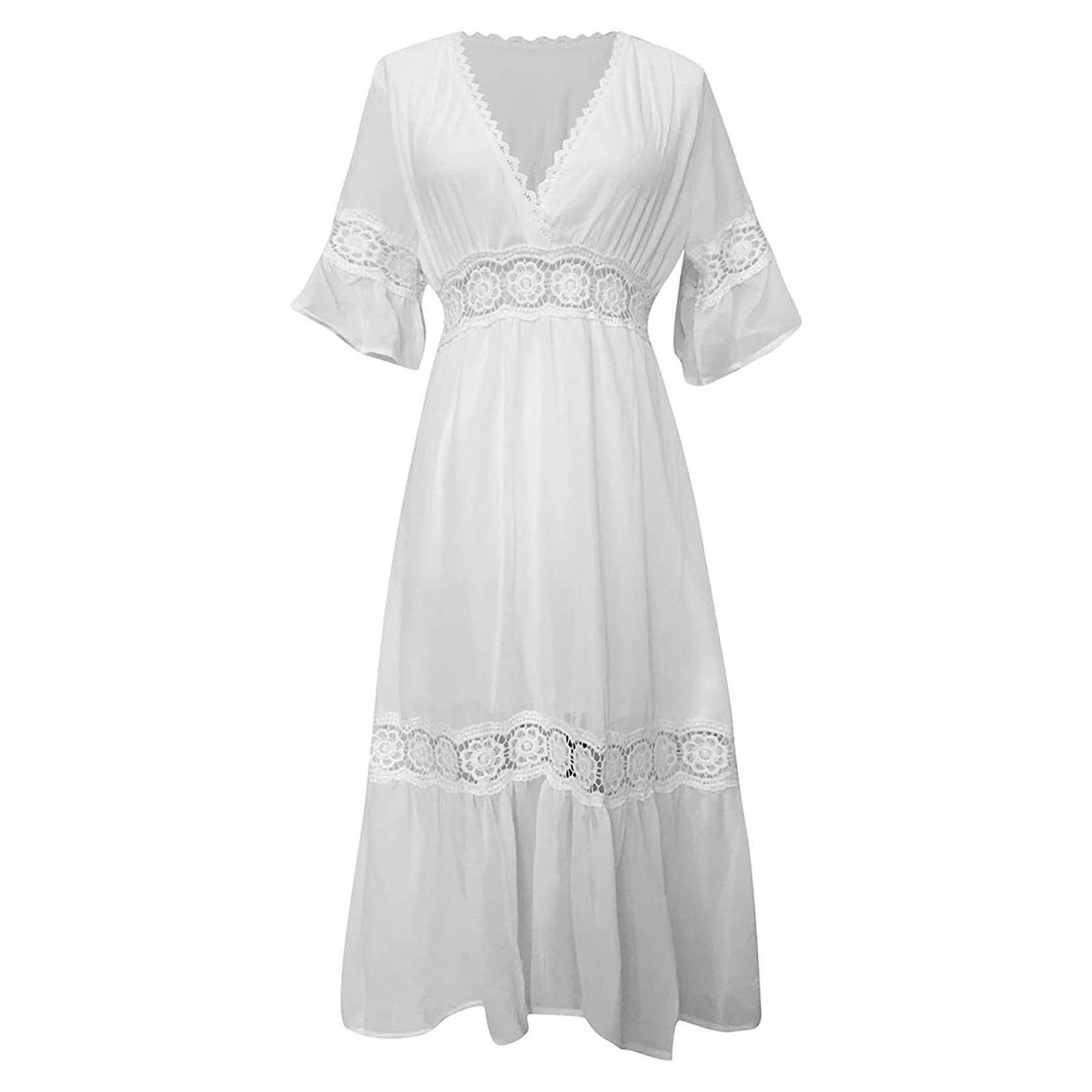 White Deep V Dress 2024 Summer Women Loose Casual Beach Wedding Party Vacation image 5