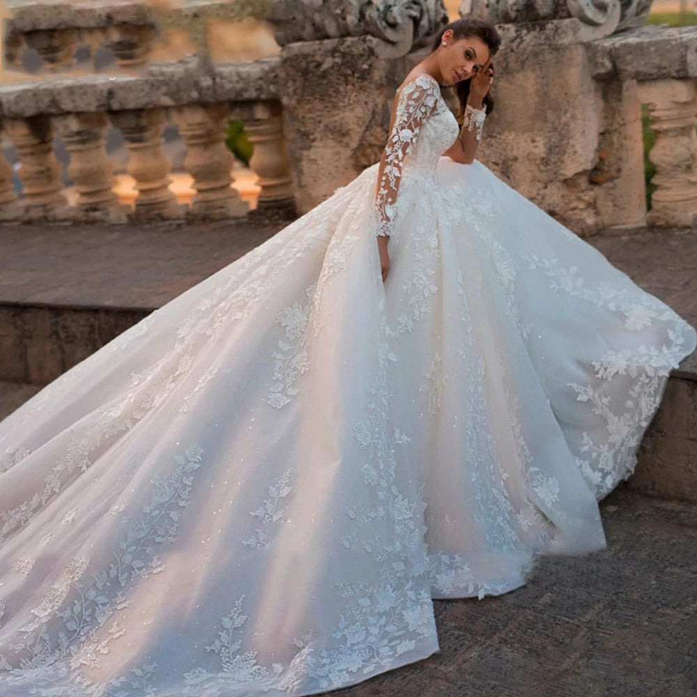 Elegant Wedding Dresses 2023 Illusion Long Sleeve White Ivory Applique Lace Lad image 1