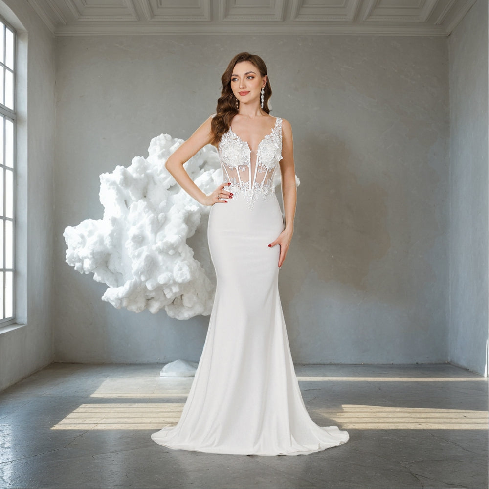 Sexy Luxury White Elegant Mermaid Wedding Dress Floral Lace Beaded V neck Sleev image 1