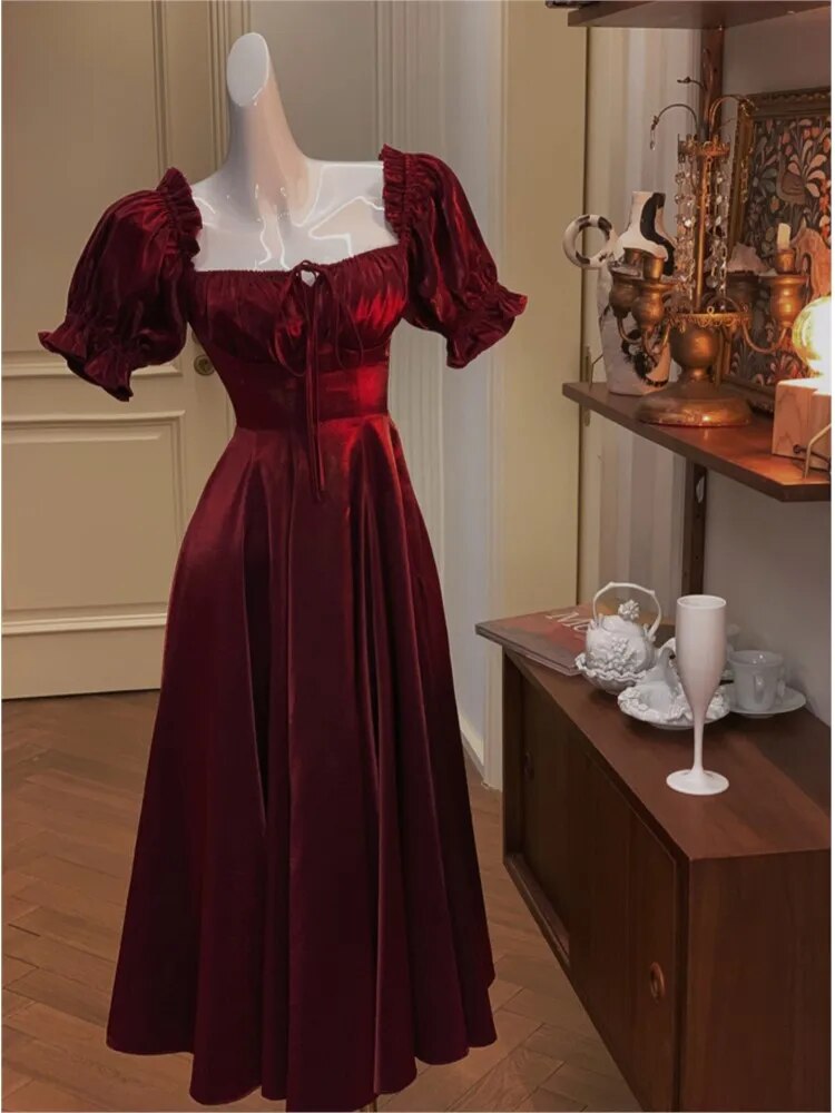 Elegant French White Wedding Party Dress Women Vintage Burgundy Romantic Prom V image 1