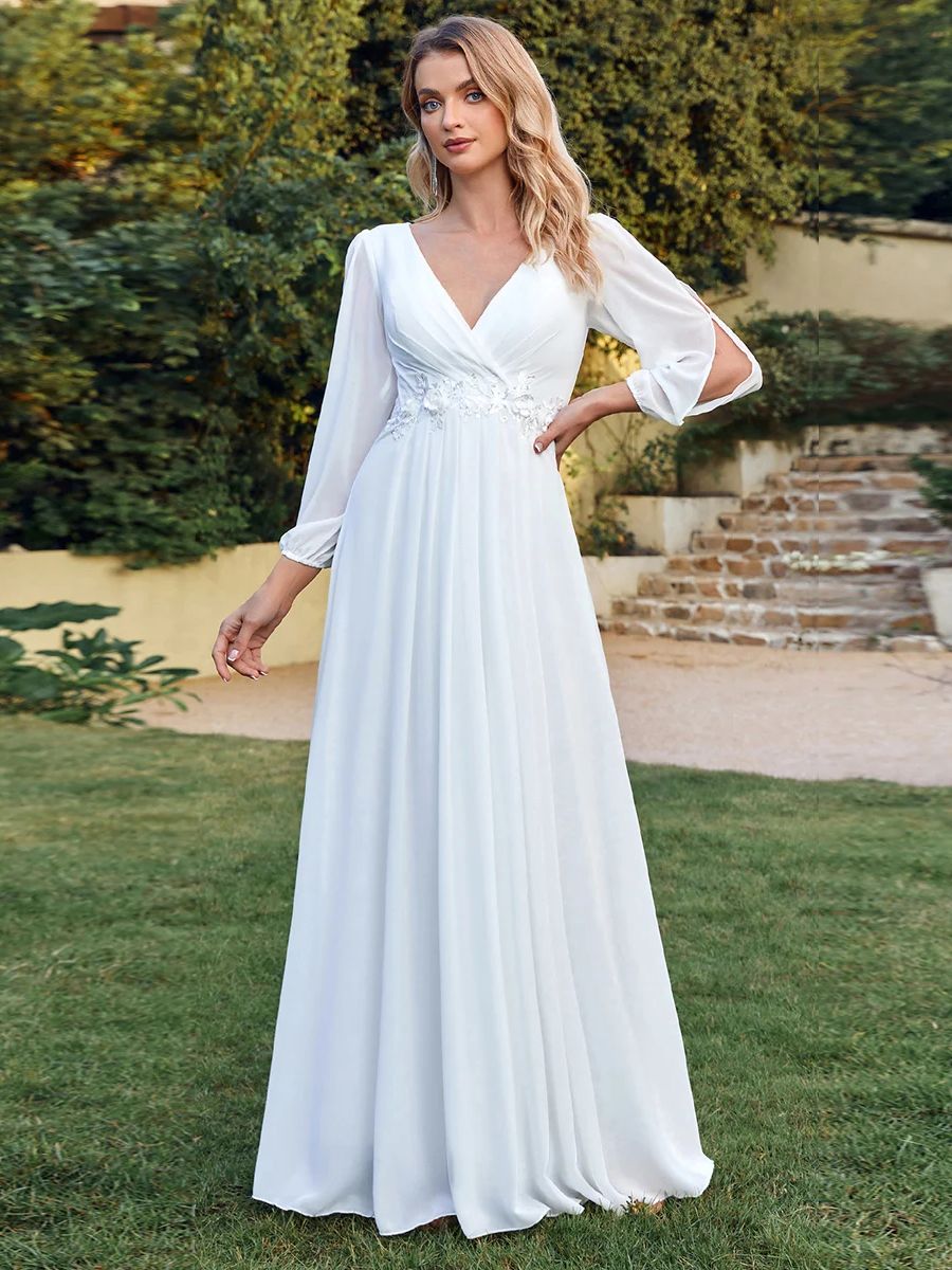 MisShow Simple Wedding Dresses For Women 2024 Elegant V-Neck Chiffon White Long image 6
