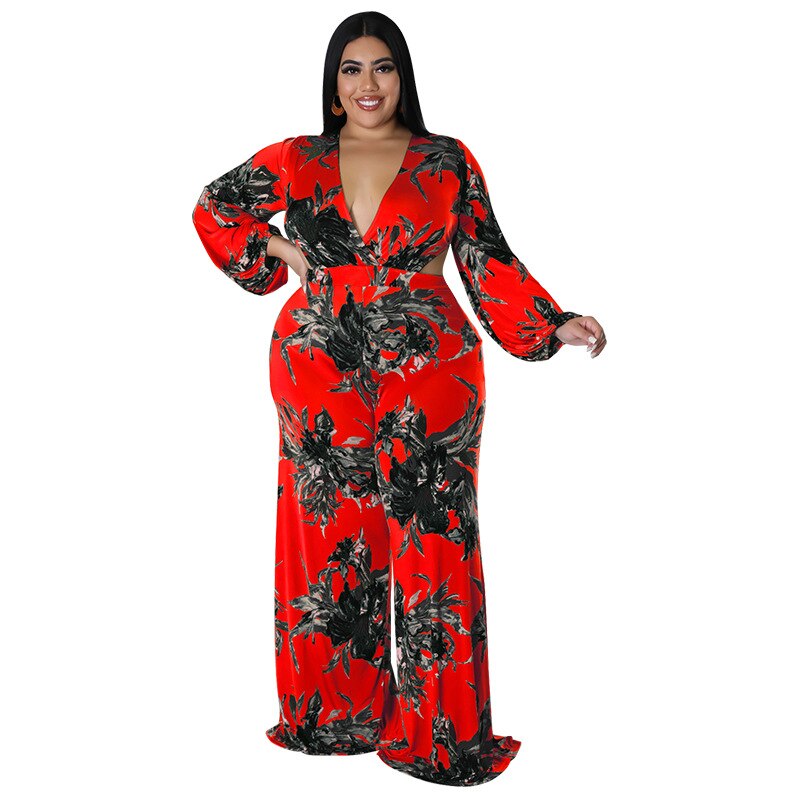 Monos de mujer de talla grande 5xl con estampado floral, conjunto de una pieza, cuello en V, largo