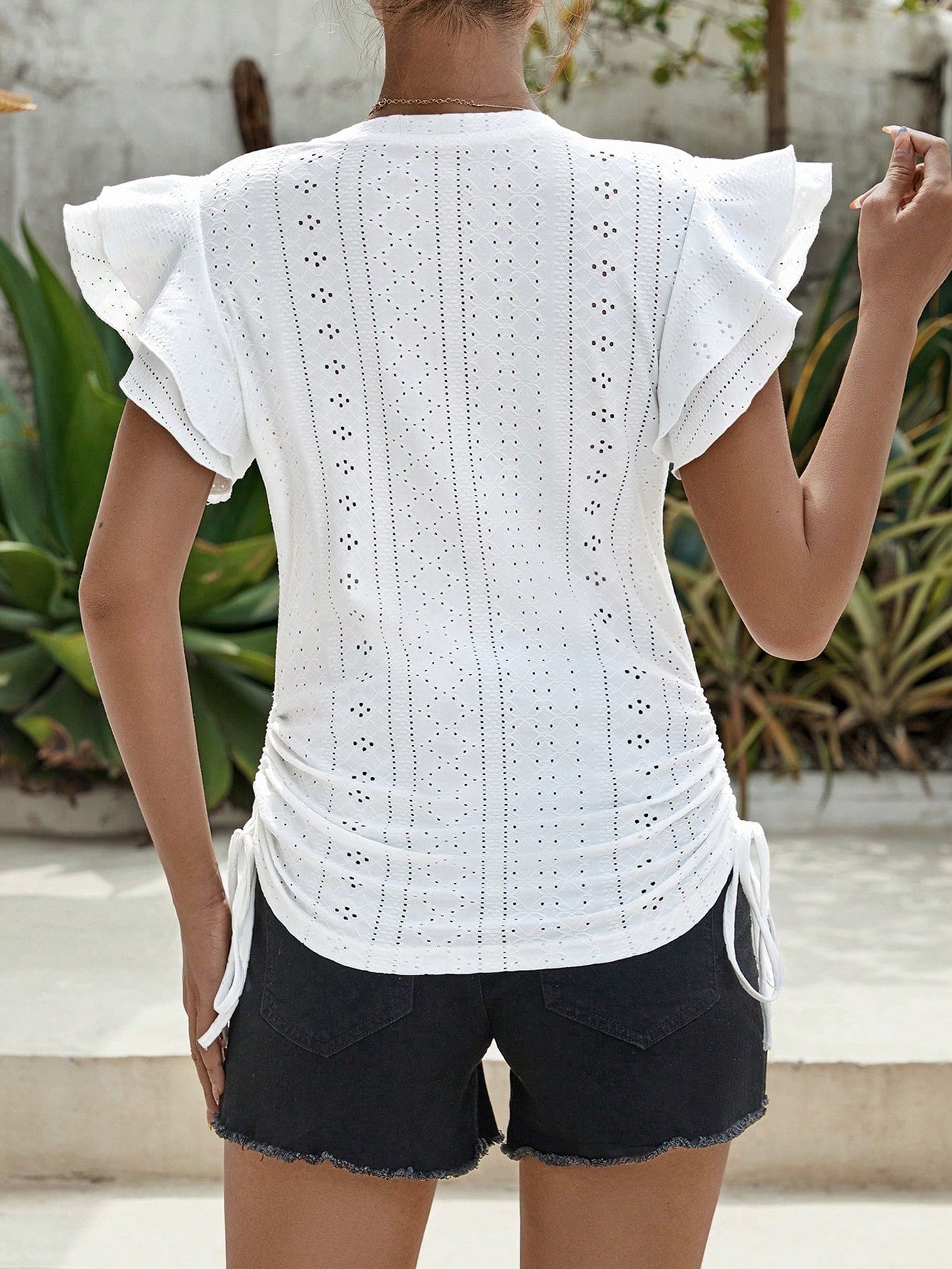 Maternity Eyelet Embroidery Butterfly Sleeve Drawstring Side Tee