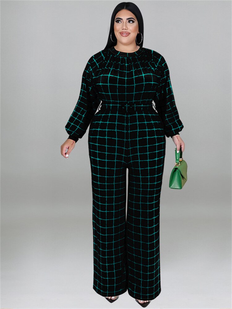 Mono de talla grande Wmstar para mujer con cinturón, trajes de una pieza a cuadros, pantalones casuales de pierna ancha