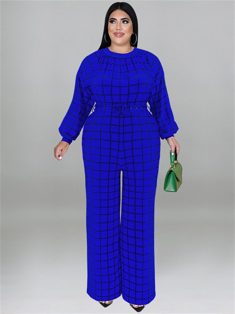 Mono de talla grande Wmstar para mujer con cinturón, trajes de una pieza a cuadros, pantalones casuales de pierna ancha