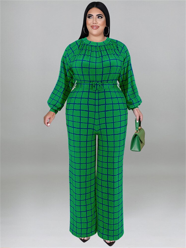 Mono de talla grande Wmstar para mujer con cinturón, trajes de una pieza a cuadros, pantalones casuales de pierna ancha