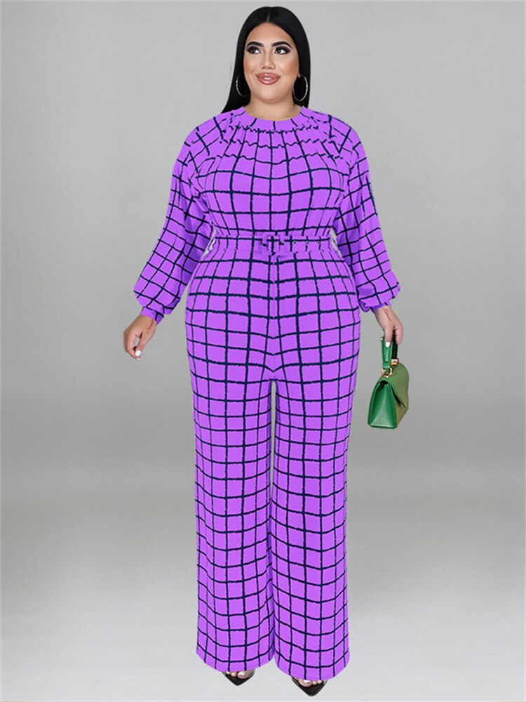 Mono de talla grande Wmstar para mujer con cinturón, trajes de una pieza a cuadros, pantalones casuales de pierna ancha