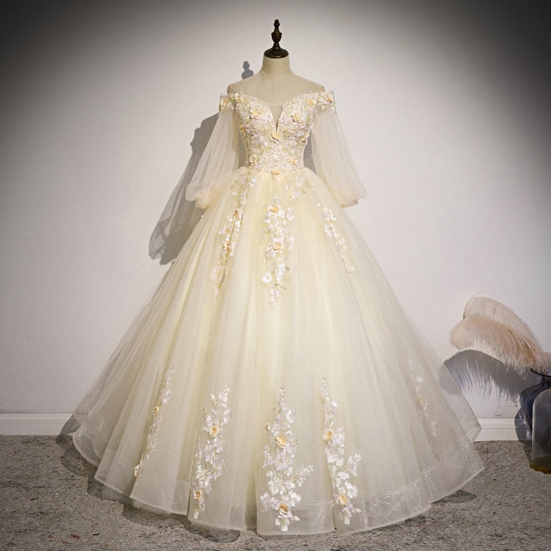 Off the Shoulder Quinceanera Dresses Half Sleeve Princess Ball Gown Lace Flower