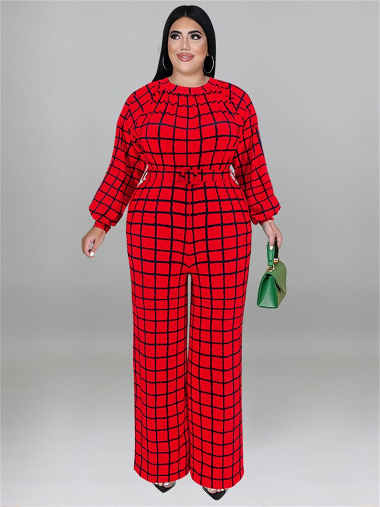 Mono de talla grande Wmstar para mujer con cinturón, trajes de una pieza a cuadros, pantalones casuales de pierna ancha