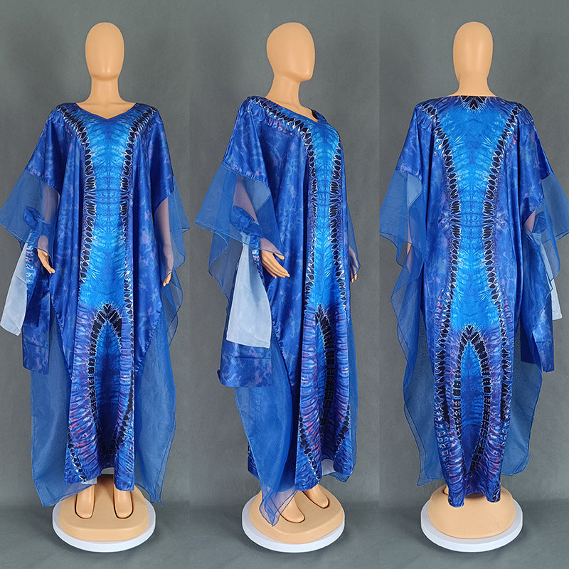 Bohemian Ethnic Kaftan Women African Print Dresses Evening Gown Mesh Party Robe image 4