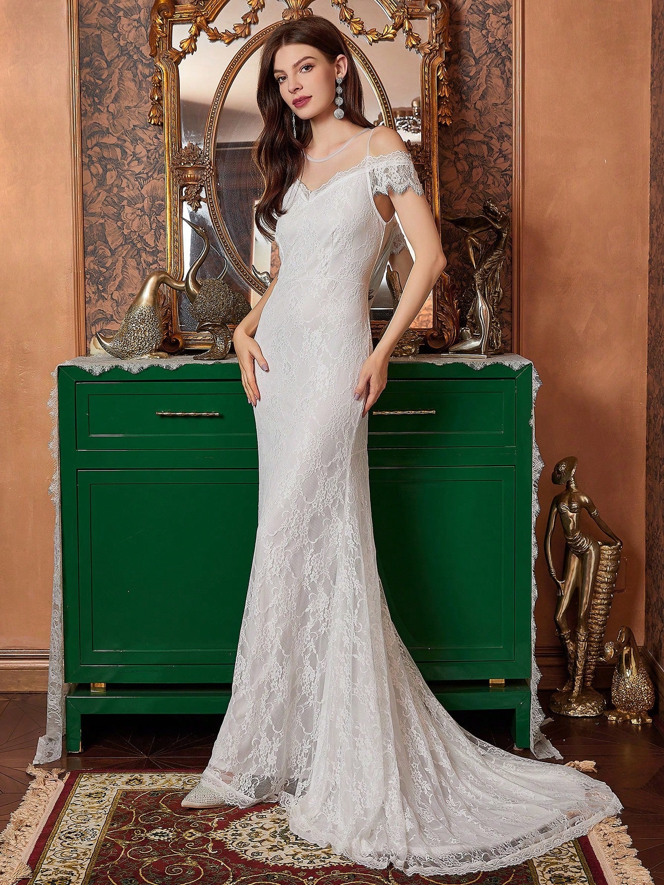 White Mesh Yoke & Lace Mermaid Wedding Dress image 5
