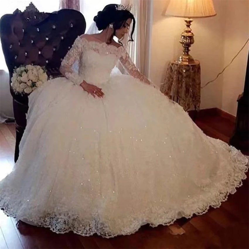 White Ball Gown Long Sleeves Wedding Dress Lace Sequin Appliques 2023 Plus Size image 0