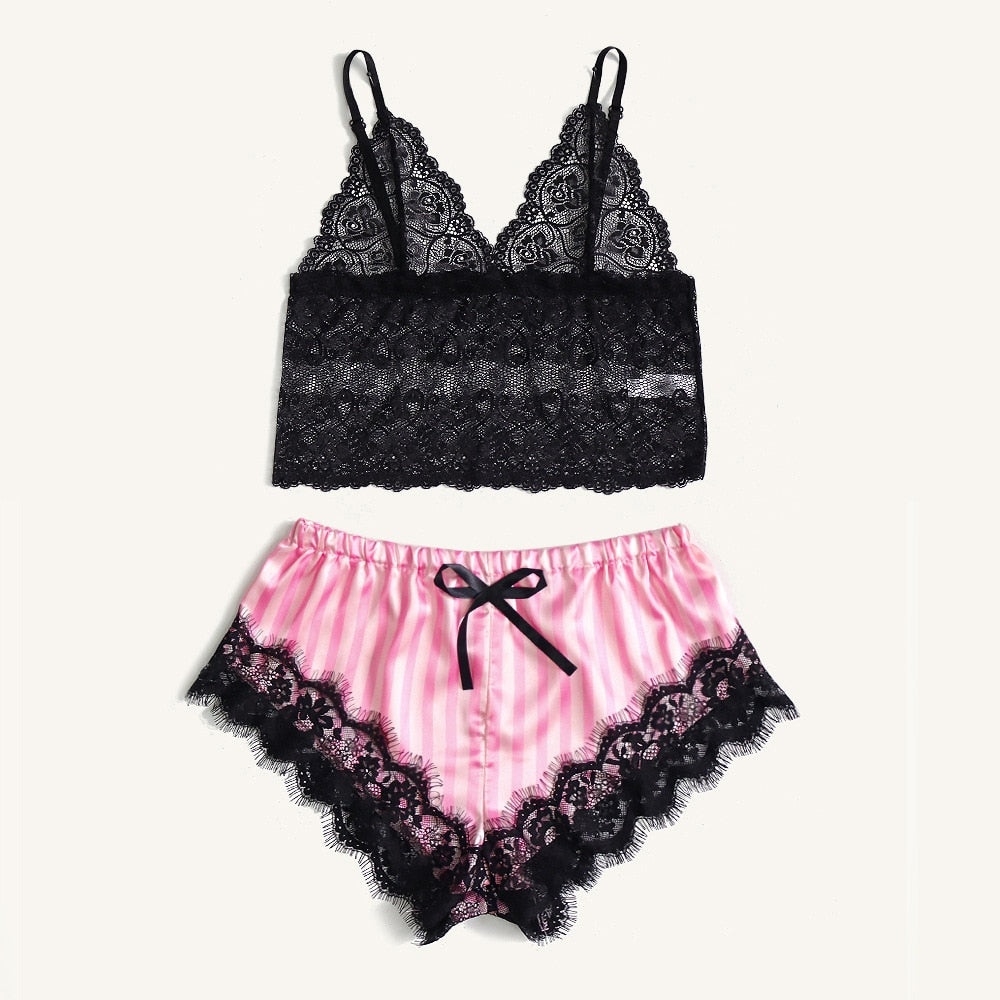 Women Cute Lace Pajamas Set Silk Satin Sleepwear Summer V-neck Sleeveless Pijam image 6