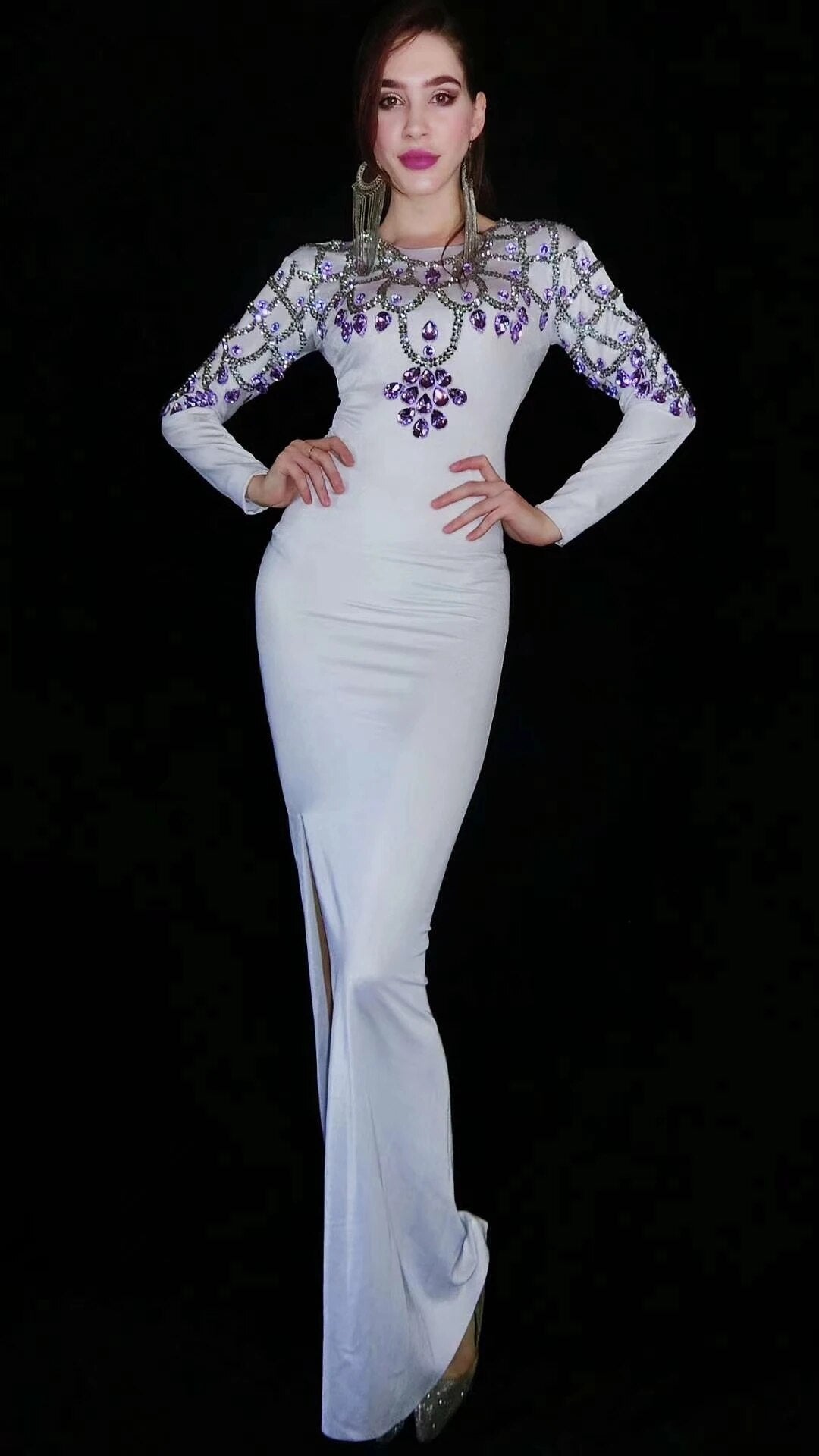 Elegant Long Sleeves White Rhinestone Bridesmaid Wedding Party Long Dress Ladie image 1