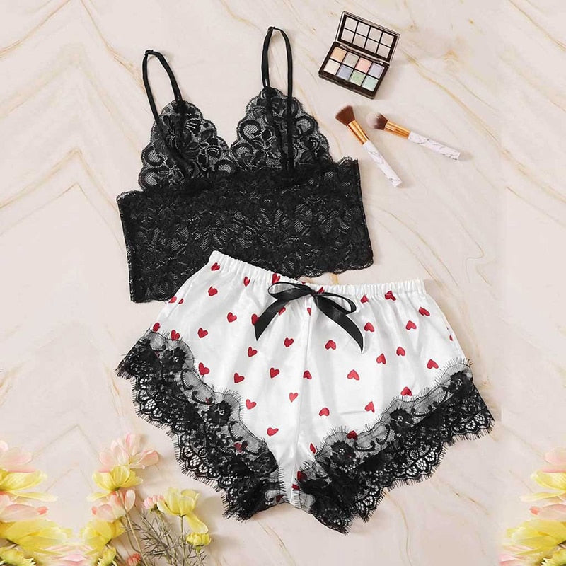 Women Cute Lace Pajamas Set Silk Satin Sleepwear Summer V-neck Sleeveless Pijam image 2