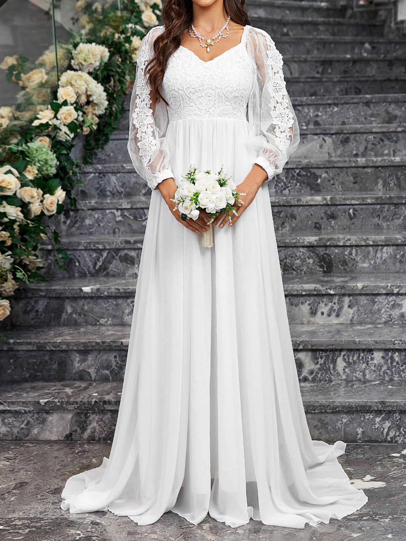 Women'S Wedding Dresses Boho Long Sleeves Romantic White V-Neck Long Sleeve Lac image 1