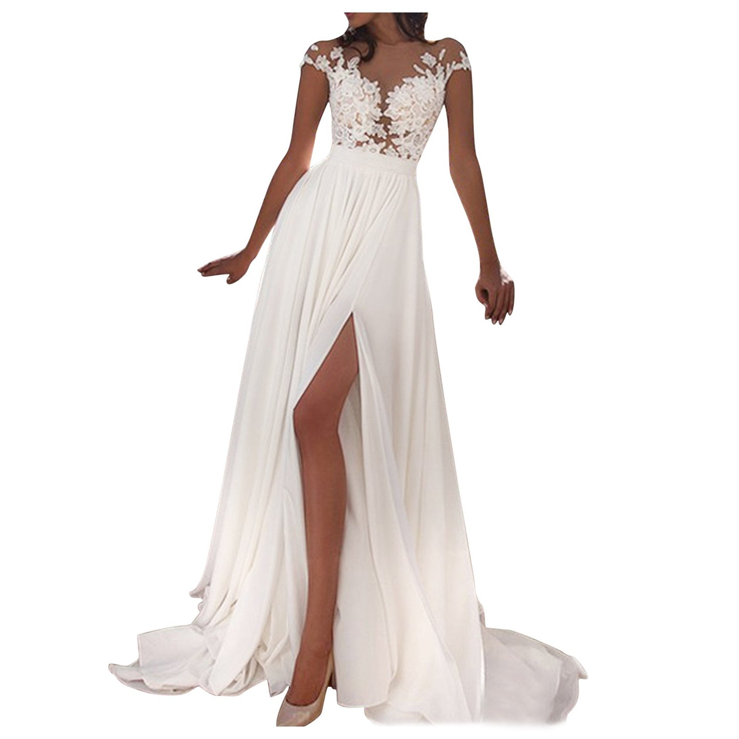 Elegant Women Wedding Party Long Dress Sexy Lace Chiffon V-Neck White Dress Hol image 1