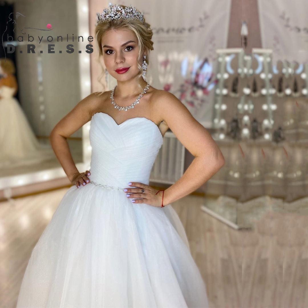 BABYONLINE White Wedding Dresses 2024 Sweetheart Crystal Beaded Belt Tulle A-li image 4
