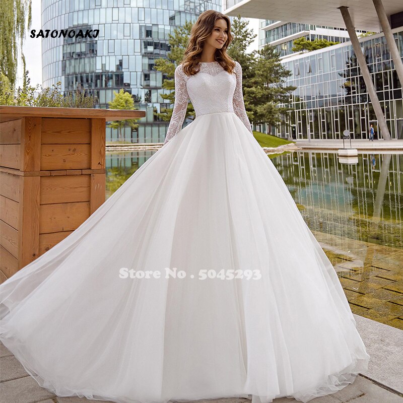 Gorgeous Long Sleeves Lace Muslim Wedding Dresses Jewel Neck Tulle A-Line Bridal Gowns Robe De Mariée Vestidos Sukienki Online