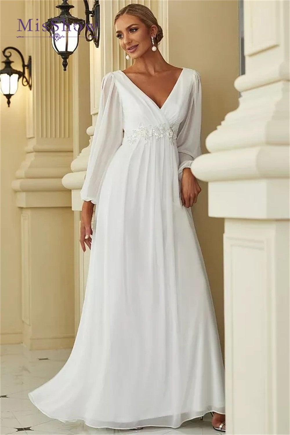MisShow Simple Wedding Dresses For Women 2024 Elegant V-Neck Chiffon White Long image 4