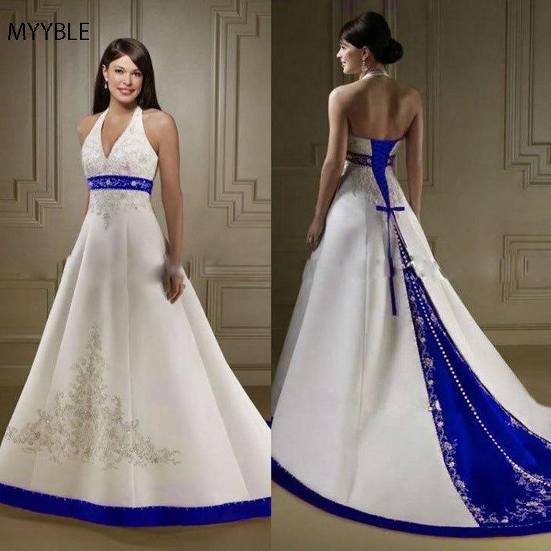 2021 White Ivory and Royal Blue A Line Wedding Dress Halter Neck Embroidery bea image 1