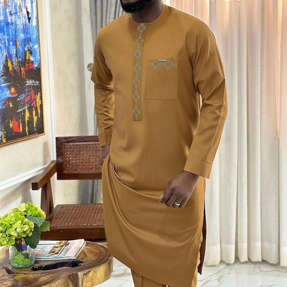 Traje de hombre caftán Ropa Hombre sólido manga larga Tops pantalones 2 piezas conjuntos africanos E